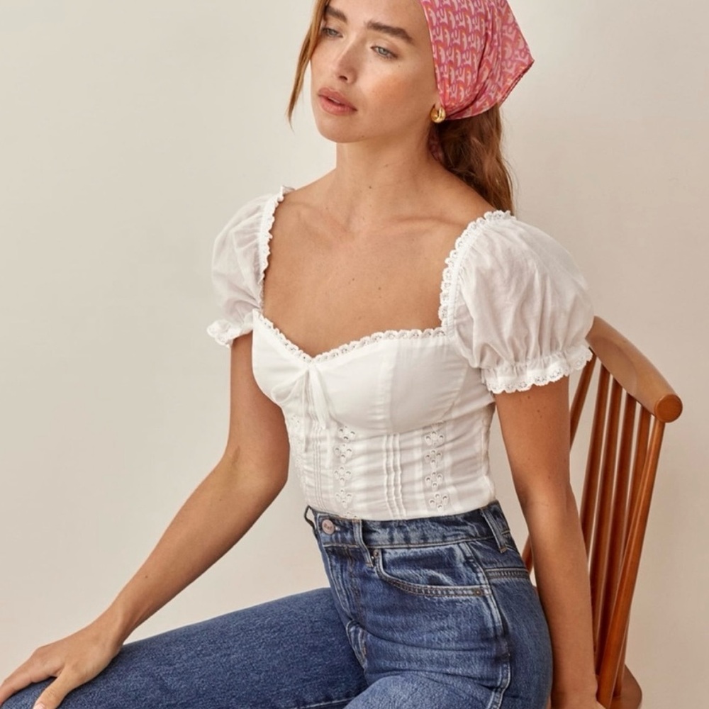 Reformation White Puff Sleeve Top